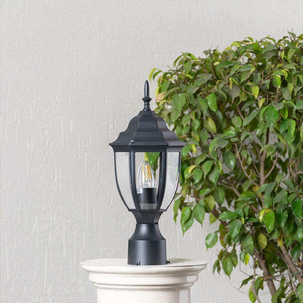 Black Outdoor Gate Lamp - Small Light Off White Background