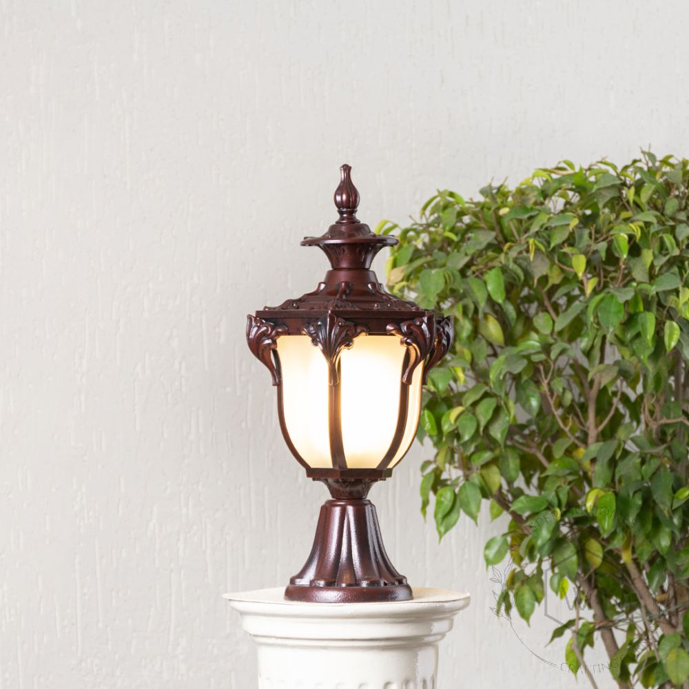 European Outdoor Gate Column Light - Dark brown Light On White Background