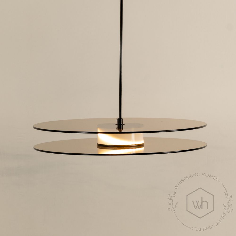 Horizontal Gold Glass Double Disk Hanging Pendant Light Light On White Background