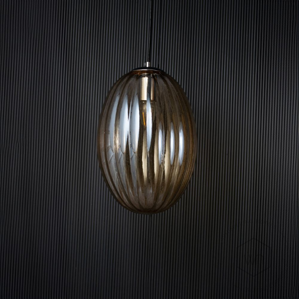 Glass Pendant Light - Oval & Amber Light Off Black Background