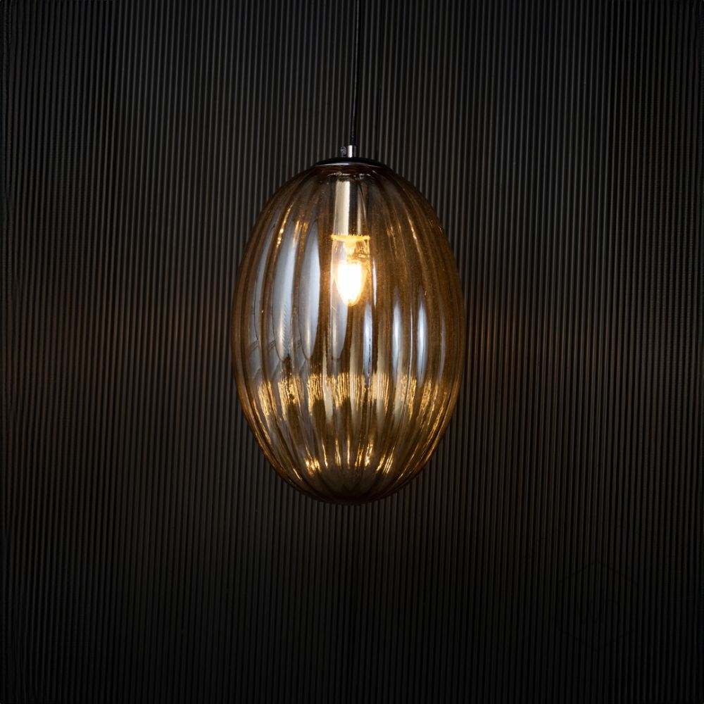 Glass Pendant Light - Oval & Amber Light On Black Background