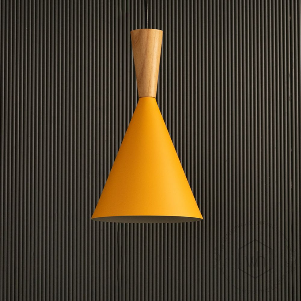 Wood Tip Pendant Lamp Cone Yellow Light Off Black Background