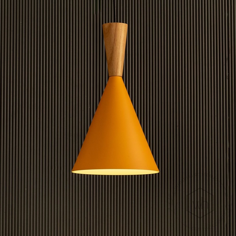 Wood Tip Pendant Lamp Cone Yellow Light On Black Background