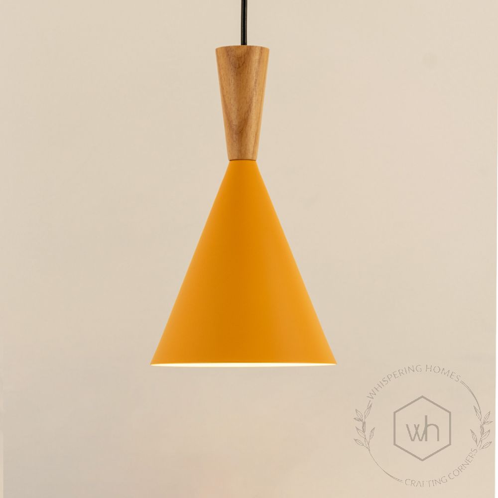 Wood Tip Pendant Lamp Cone Yellow Light On White Background