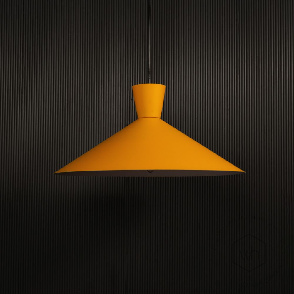 Martinelli Cono Pendant Light - Yellow Light off black background