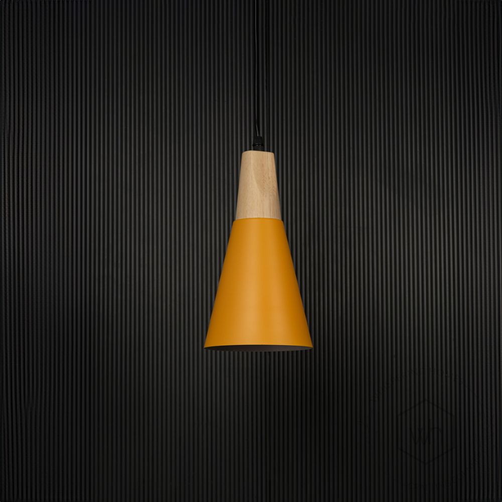 Triangular Cone Pendant Lamp - Yellow Light Off Black Background