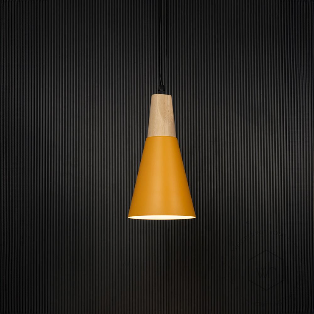 Triangular Cone Pendant Lamp - Yellow Light On Black Background