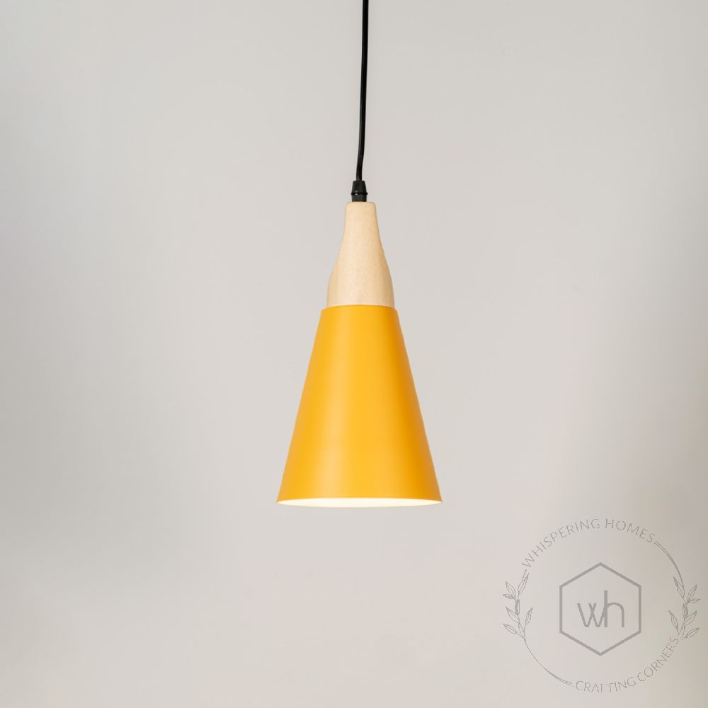 Triangular Cone Pendant Lamp - Yellow Light On White Background