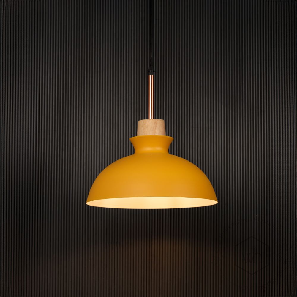 Dome Pendant Lamp - Yellow Light On Black Background