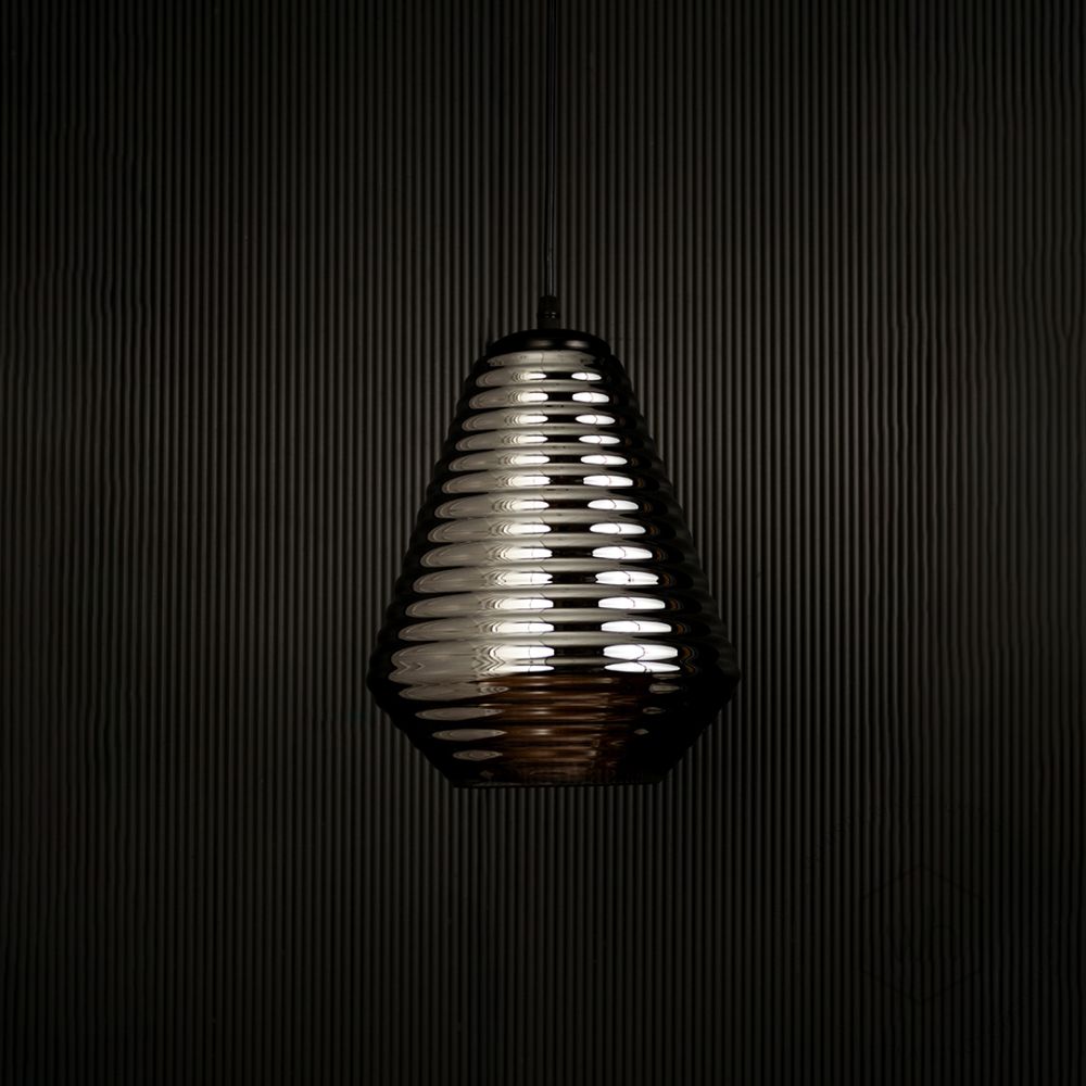 Camber Ribbed Glass Pendant Light Light off black background