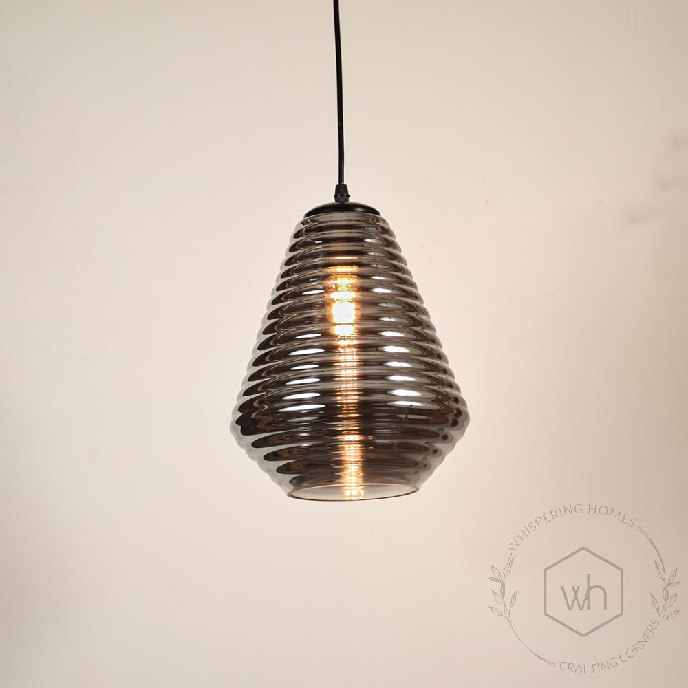 Camber Ribbed Glass Pendant LightLight On White Background