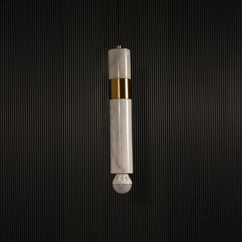 Trapezoid Marble Hanging Light - White & Gold Light off black background