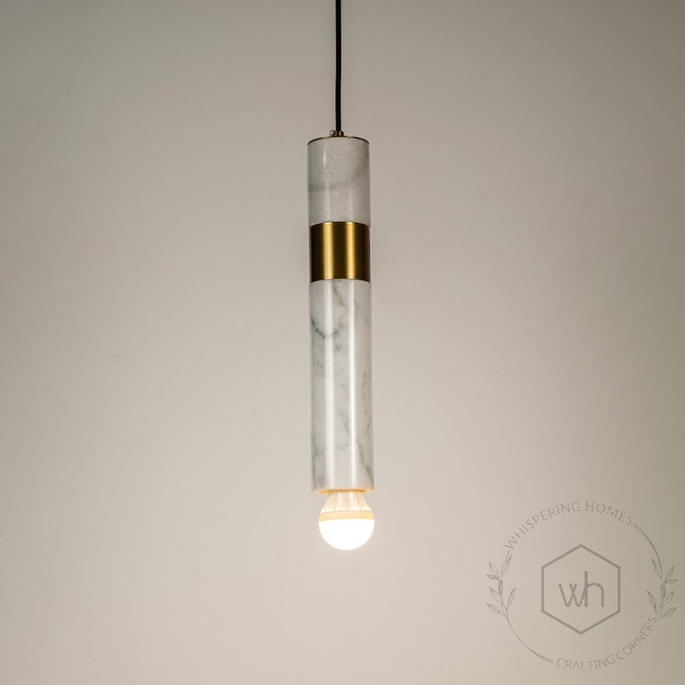 Trapezoid Marble Hanging Light - White & GoldLight On White Background