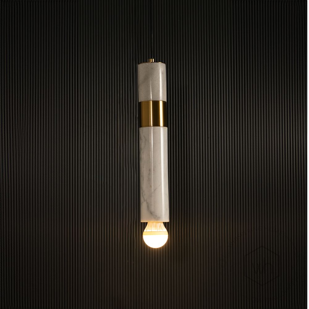 Trapezoid Marble Hanging Light - White & Gold Light on black background