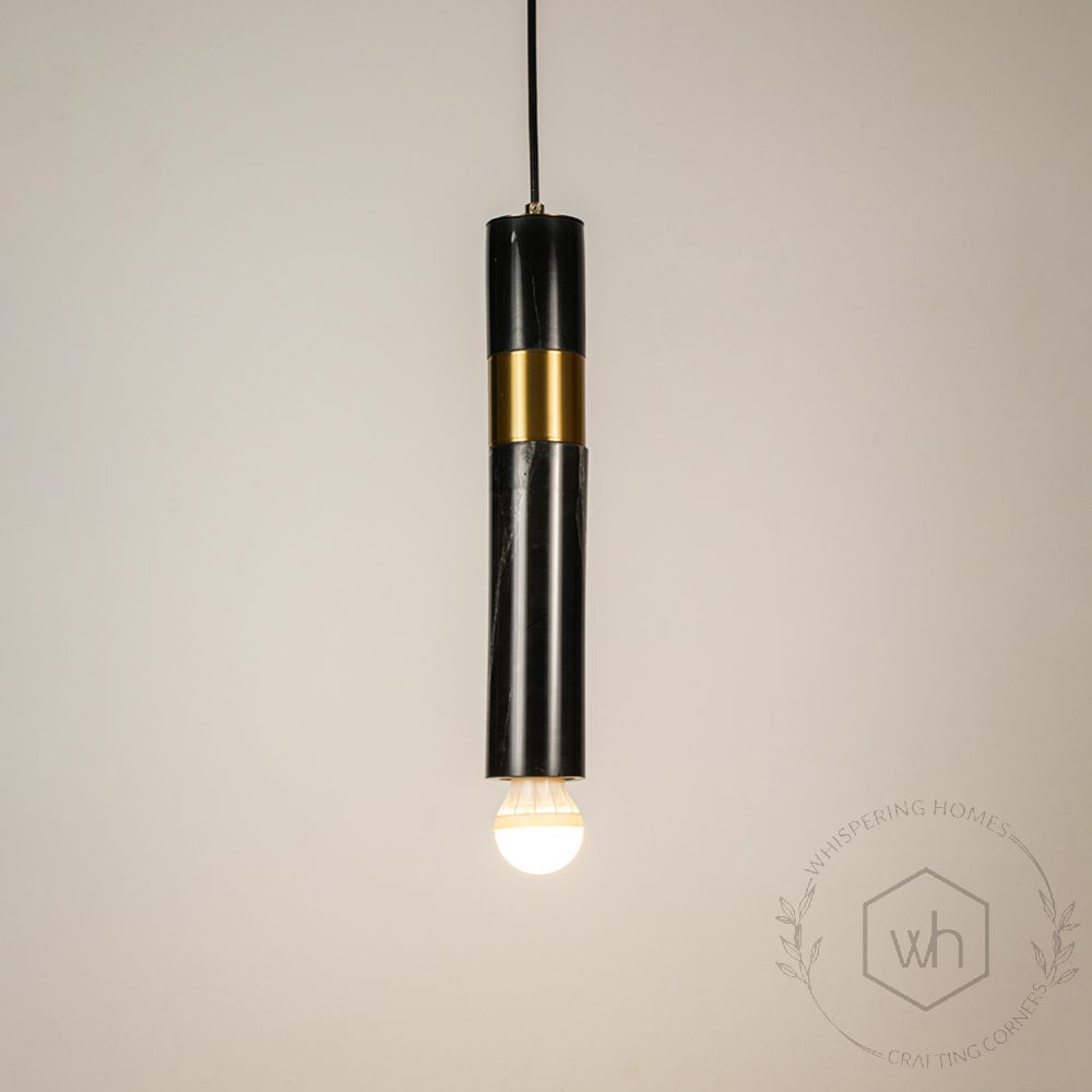 Trapezoid Marble Hanging Light - Black & GoldLight On White Background