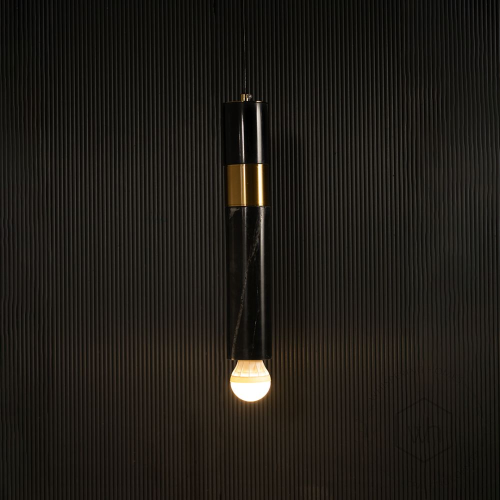 Trapezoid Marble Hanging Light - Black & Gold Light on black background