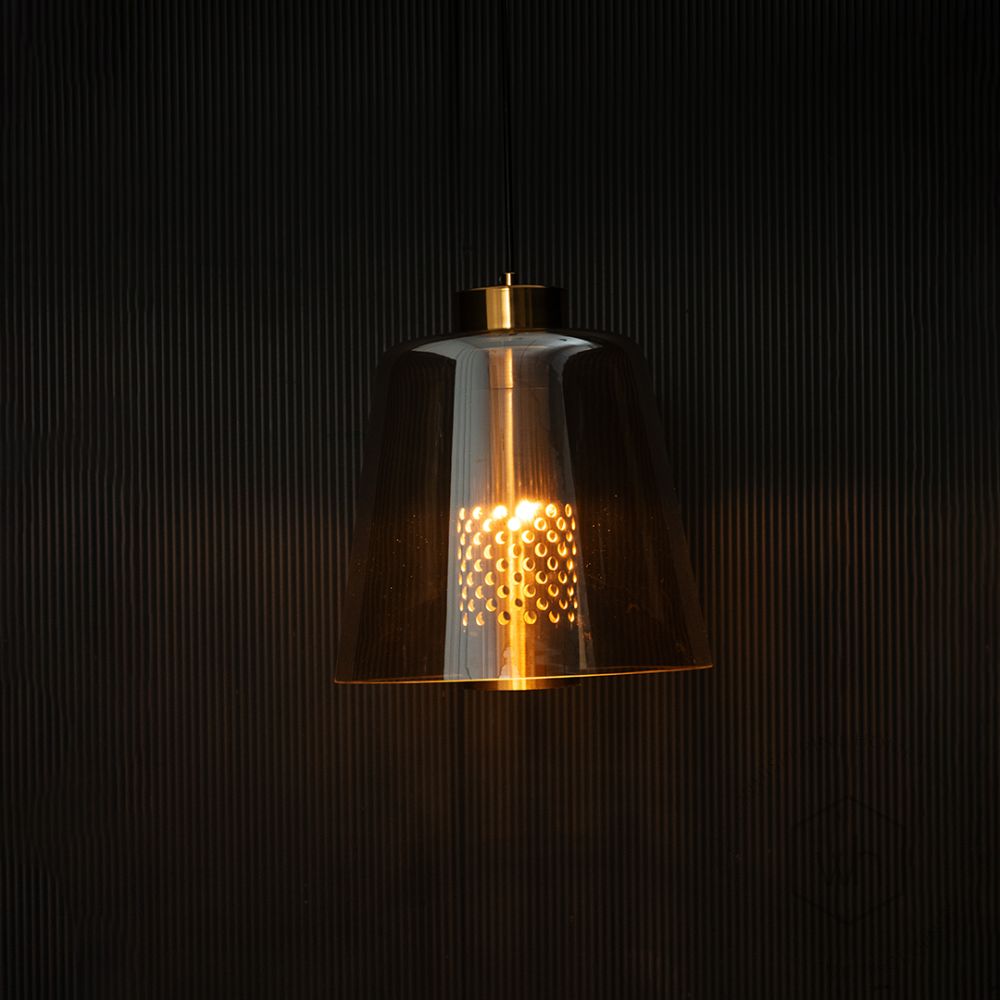 Conical Mesh Hanging Light - Amber Light on black background