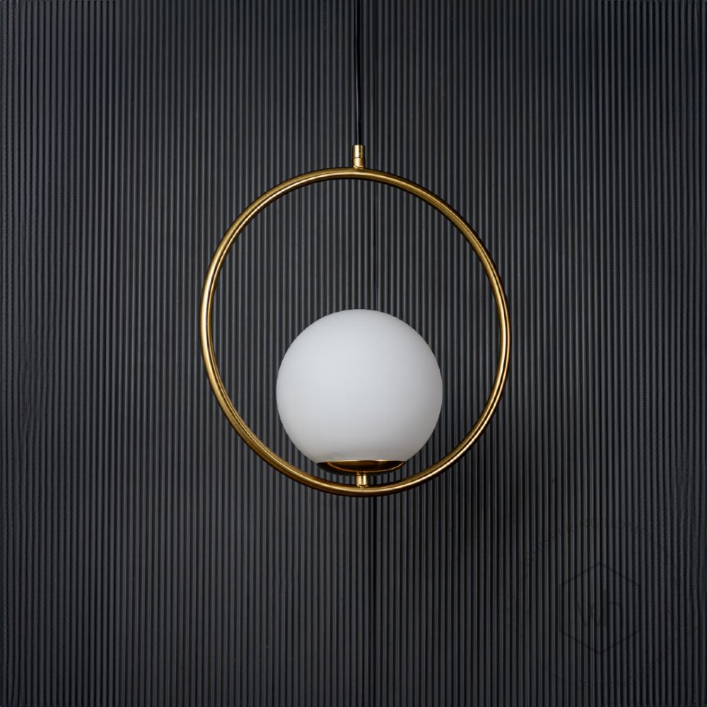 Frosted Glass Pendant Light - Gold Light Off Black Background