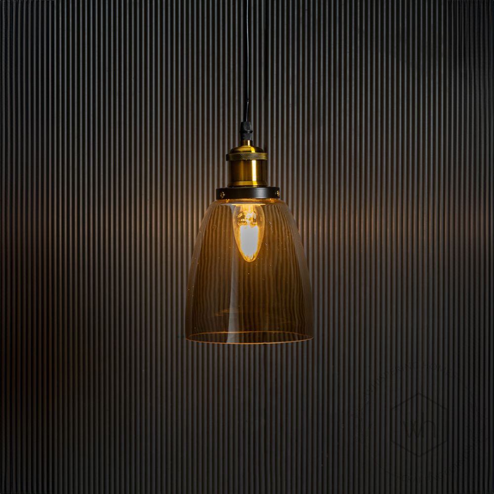 Retro Glass Pendant Light - Amber Light On Black Background