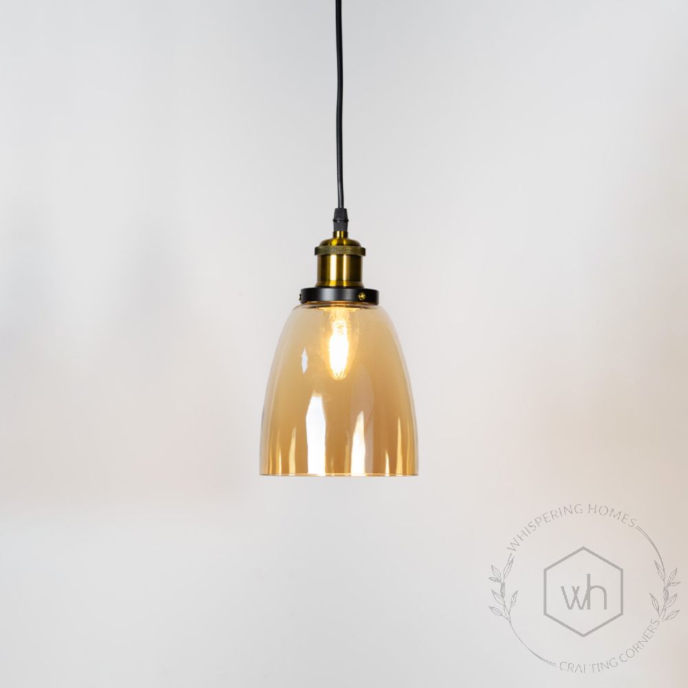 Retro Glass Pendant Light - Amber Light On White Background