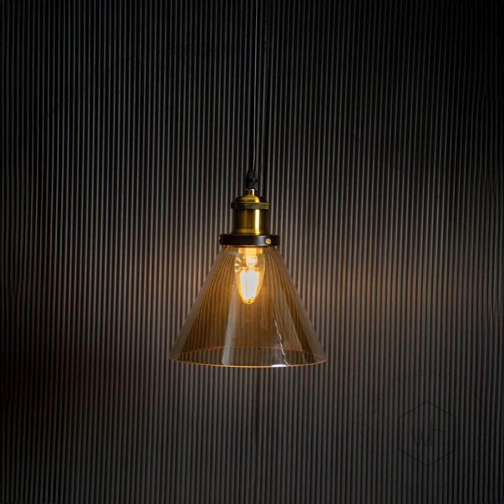 Bell Glass Pendant Light - Amber Light On Black Background