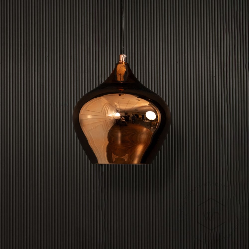 Contemporary Style Glass Hanging Pendant Light- Rose Gold Light off black background