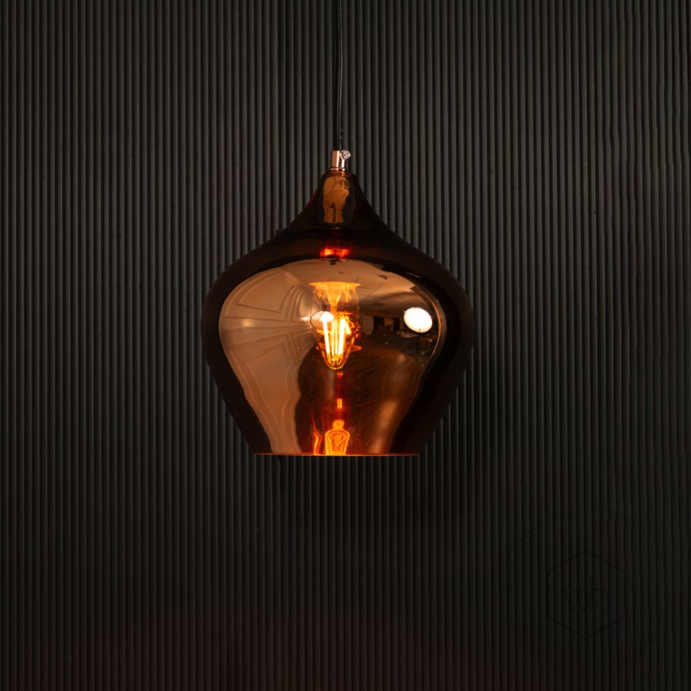 Contemporary Style Glass Hanging Pendant Light- Rose Gold Light on black background