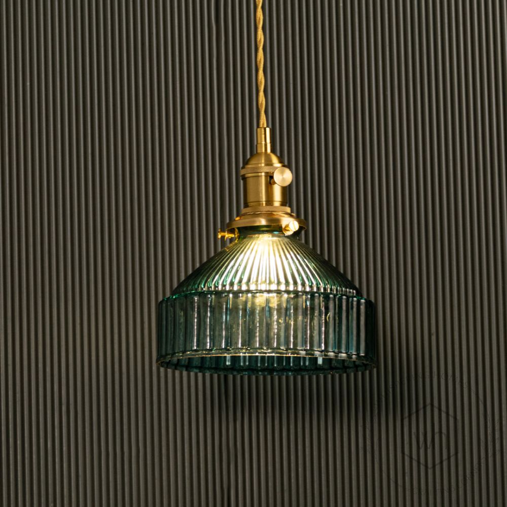 Prismatic Glass Barn Pendant Light Blue Light On Black Background