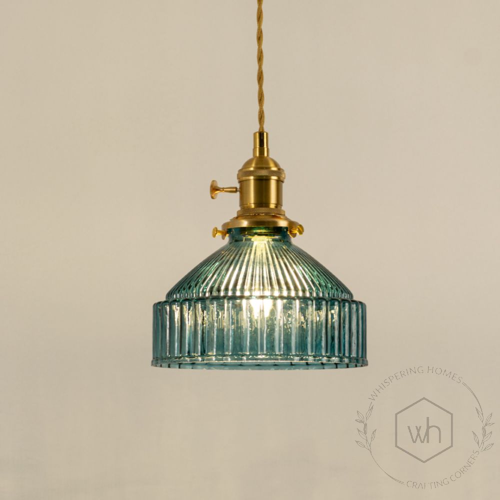 Prismatic Glass Barn Pendant Light Blue Light On White Background