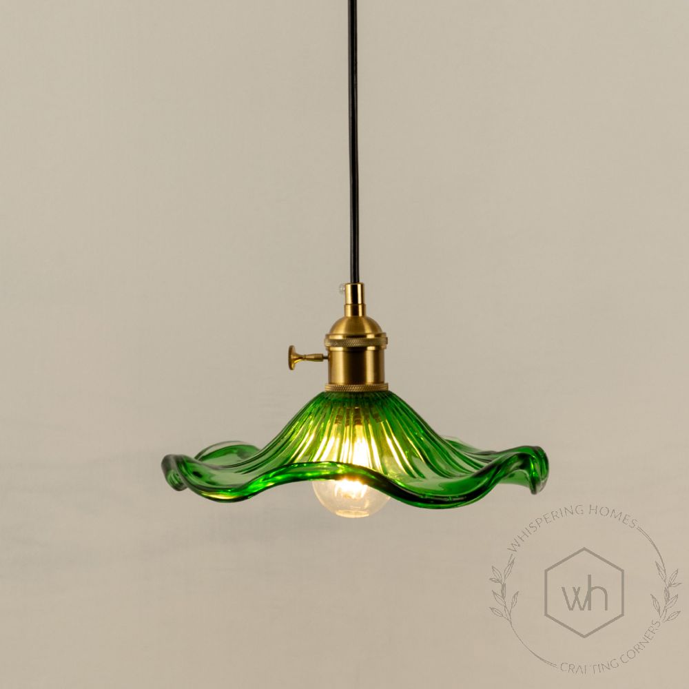 Jasmine Modern Petal Style Glass Hanging Light Green Light On White Background