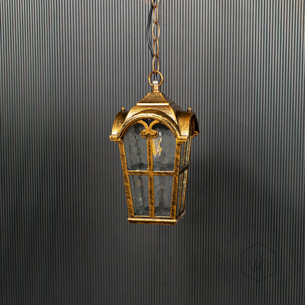 Industrial Outdoor Hanging Light - Gold Light Off Black Background