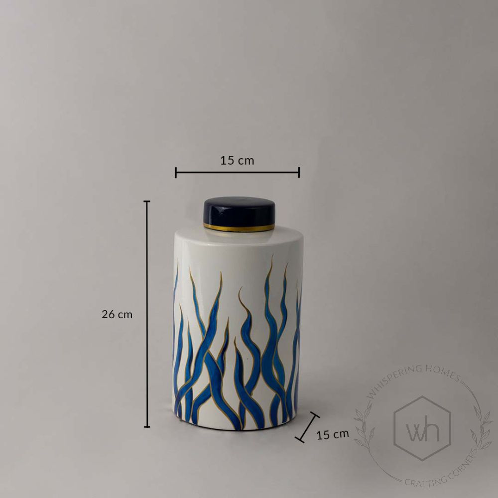 Blue Seaweed Painted Ceramic Jar - Small Dimensions