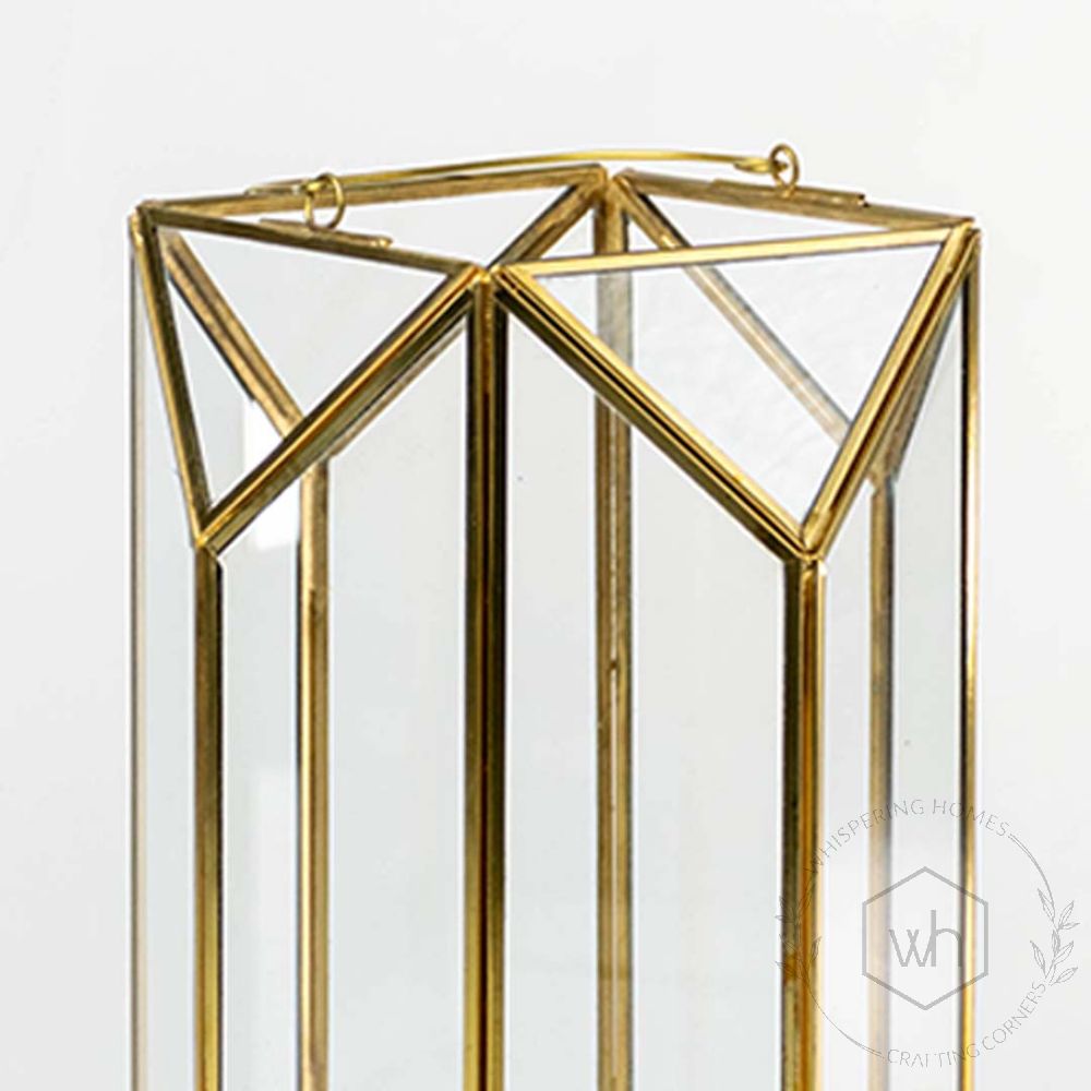 Glass Terrarium Gold Metal & Glass Geometric Candle Lantern - Large Closeup