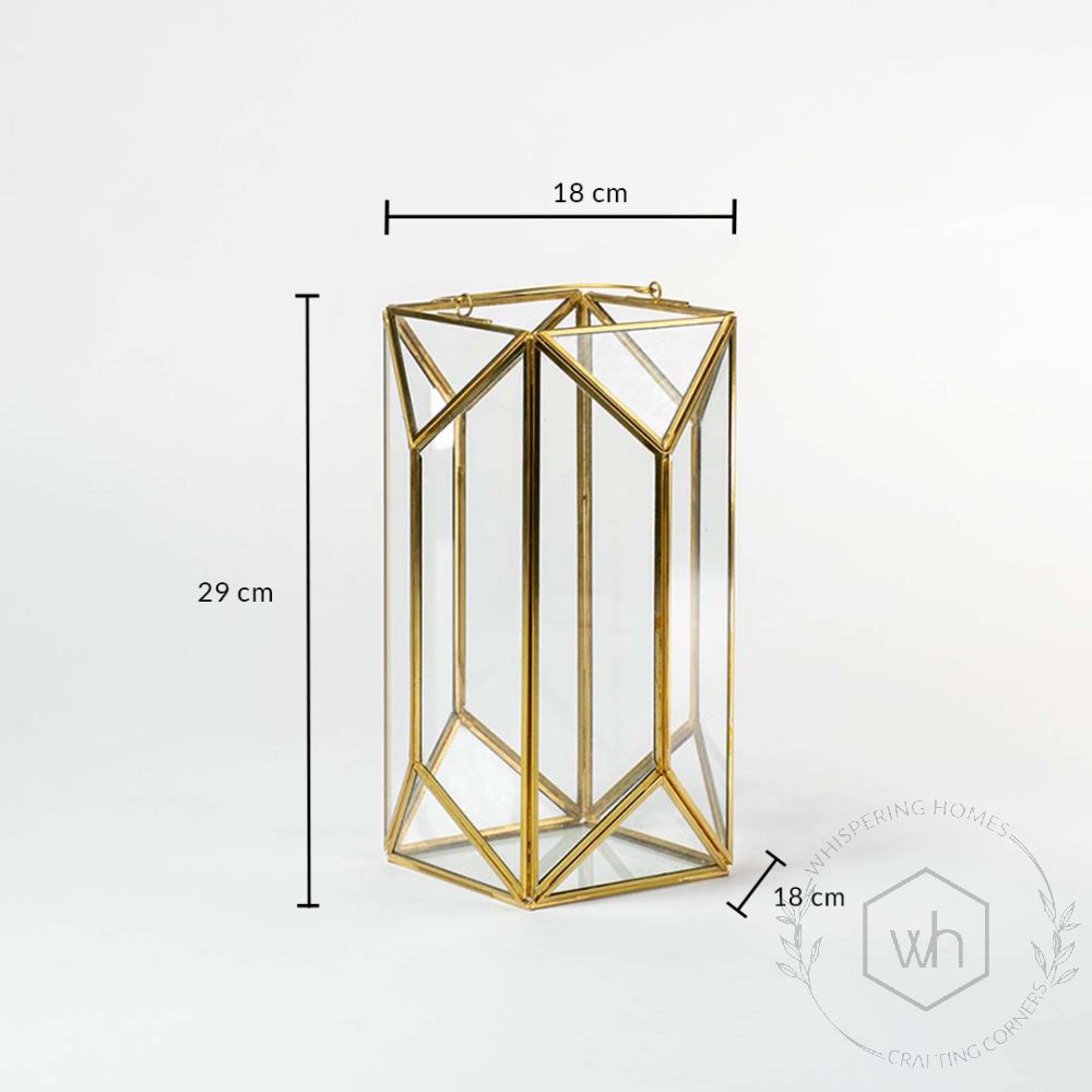 Glass Terrarium Gold Metal & Glass Geometric Candle Lantern - Large Dimensions