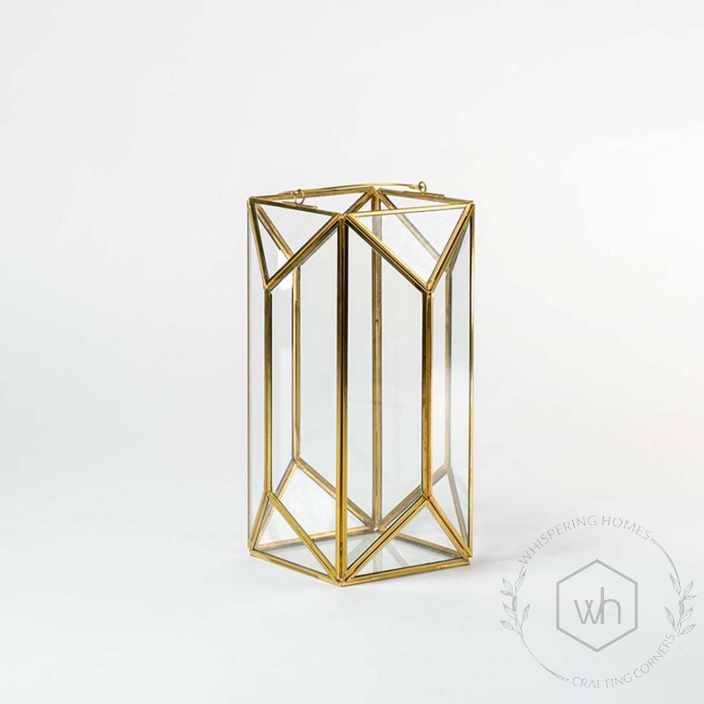 Glass Terrarium Gold Metal & Glass Geometric Candle Lantern - Large White Background