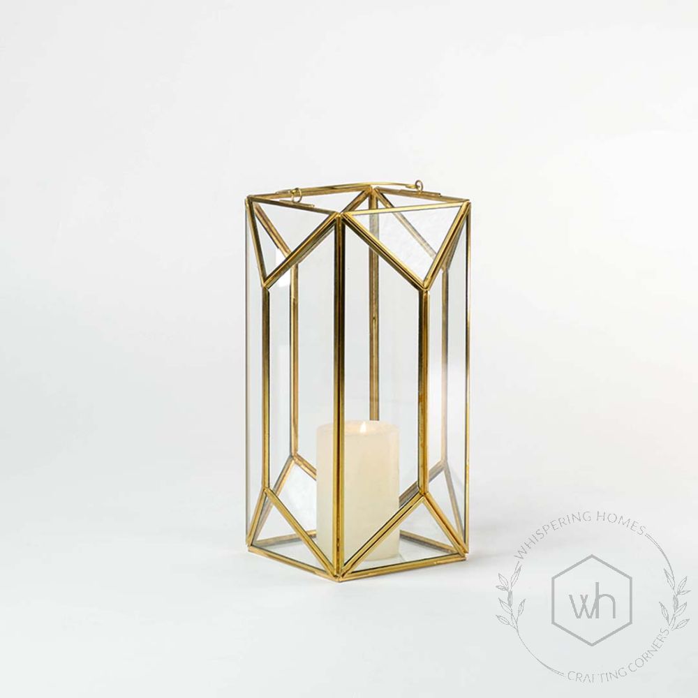 Glass Terrarium Gold Metal & Glass Geometric Candle Lantern - Large Light On White Background