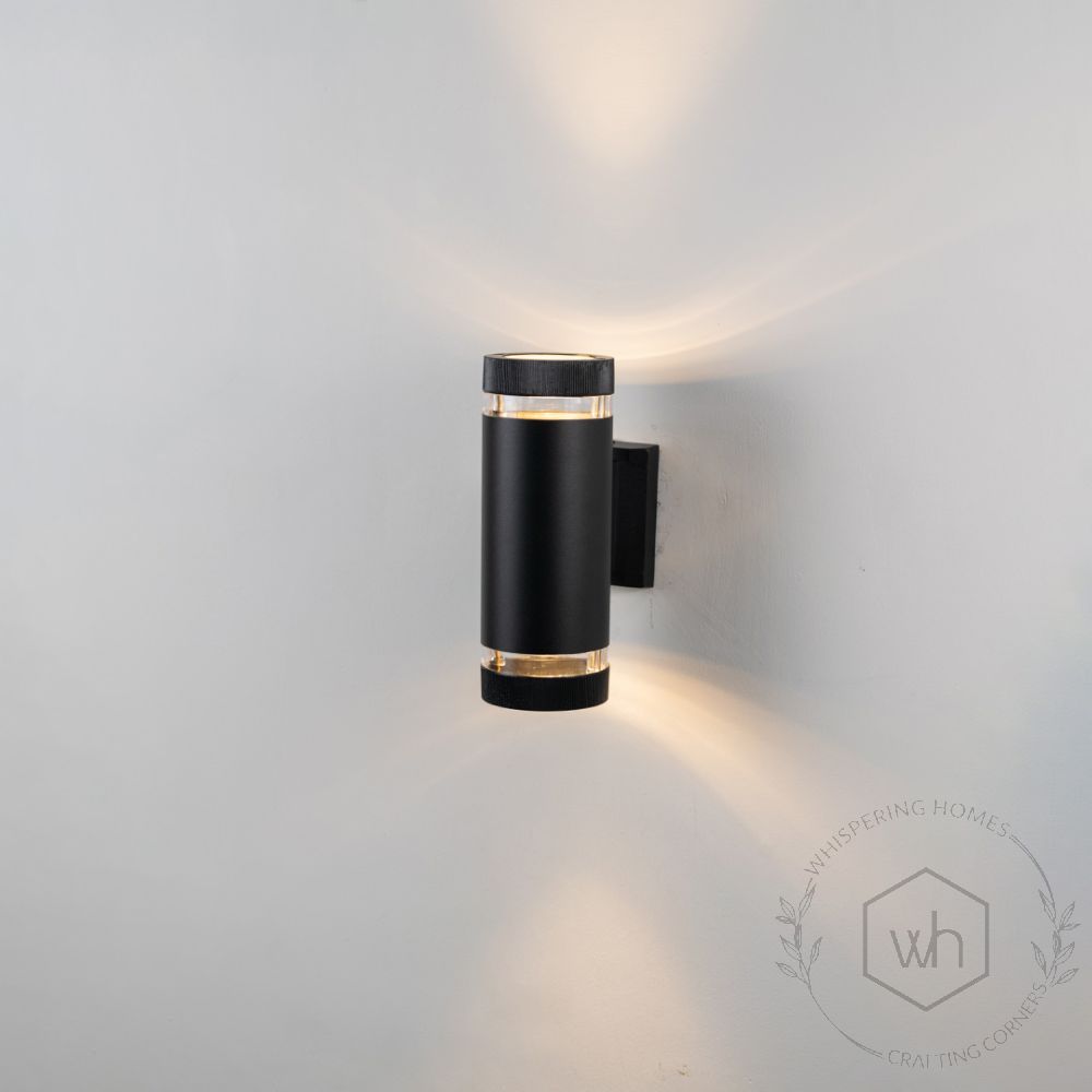 Cylindrical Dual Outdoor Wall Light - Black Light On White Background