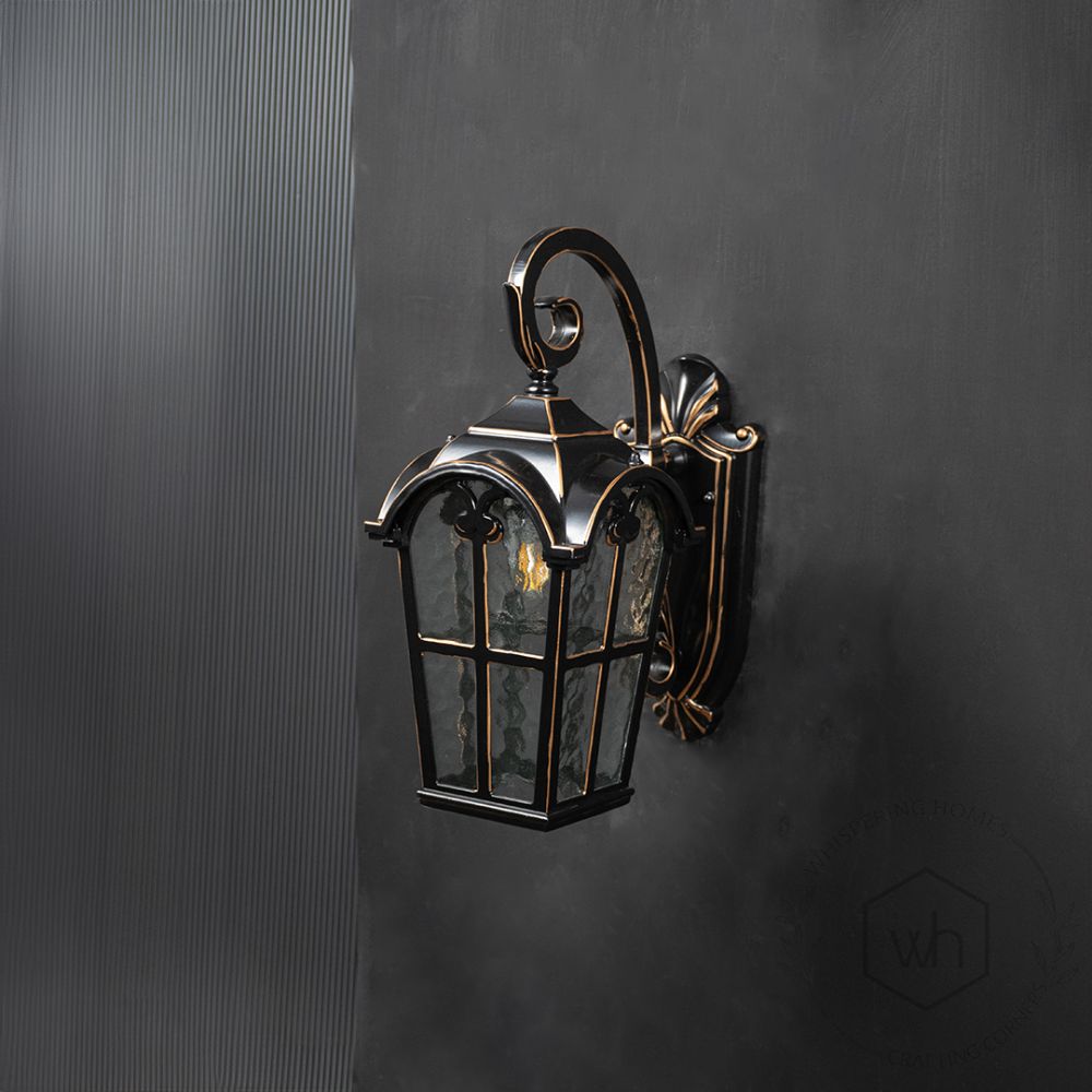 Benton Outdoor Wall Light - Gold Light Off Black Background