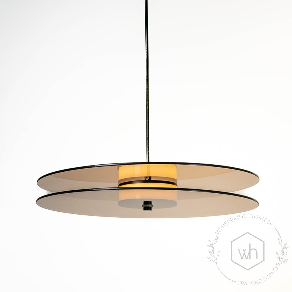 Horizontal Gold Glass Double Disk Hanging Pendant Light Light Off White Background