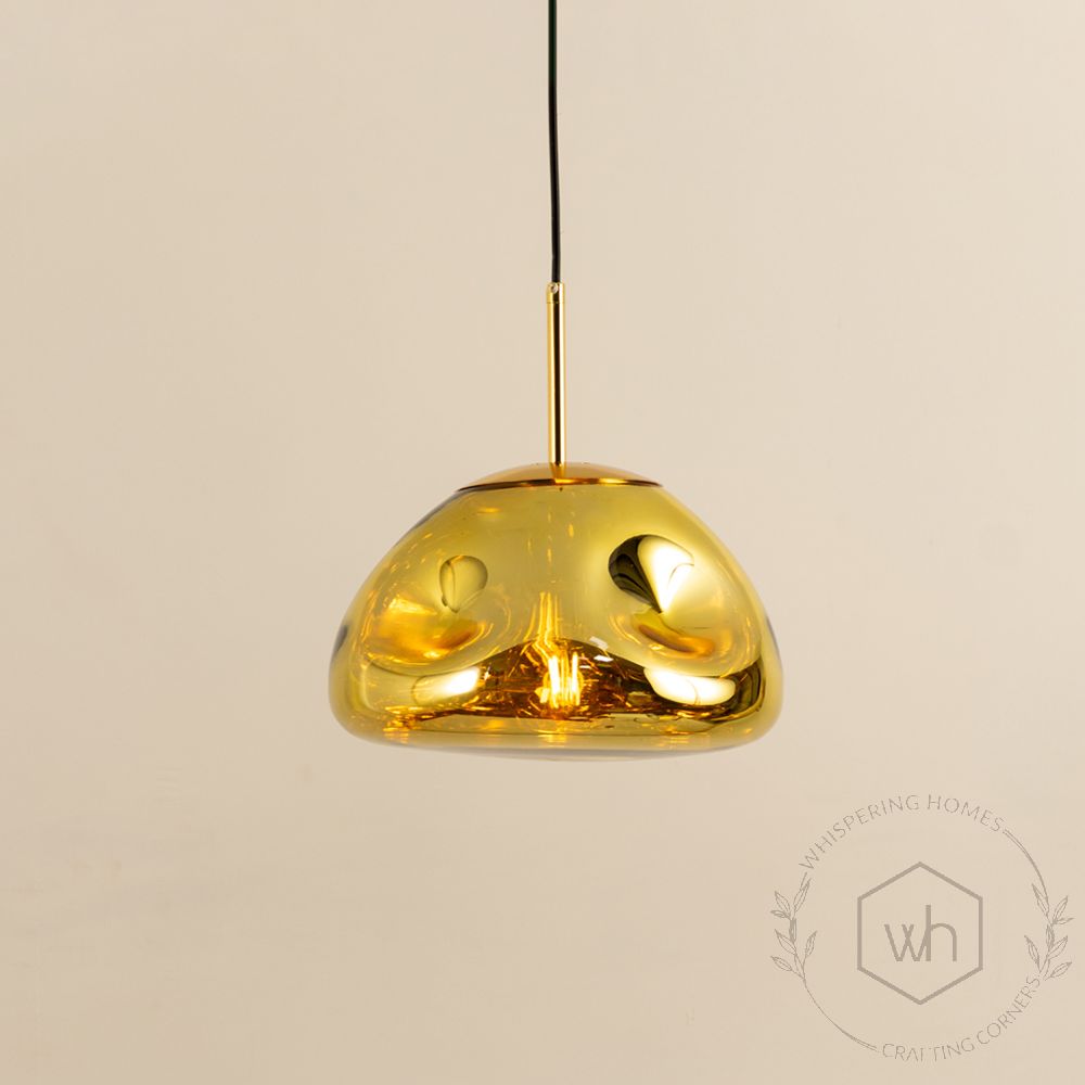 Modern Minimalist Glass Hanging Lamp Metallic Yellow Light On White Background