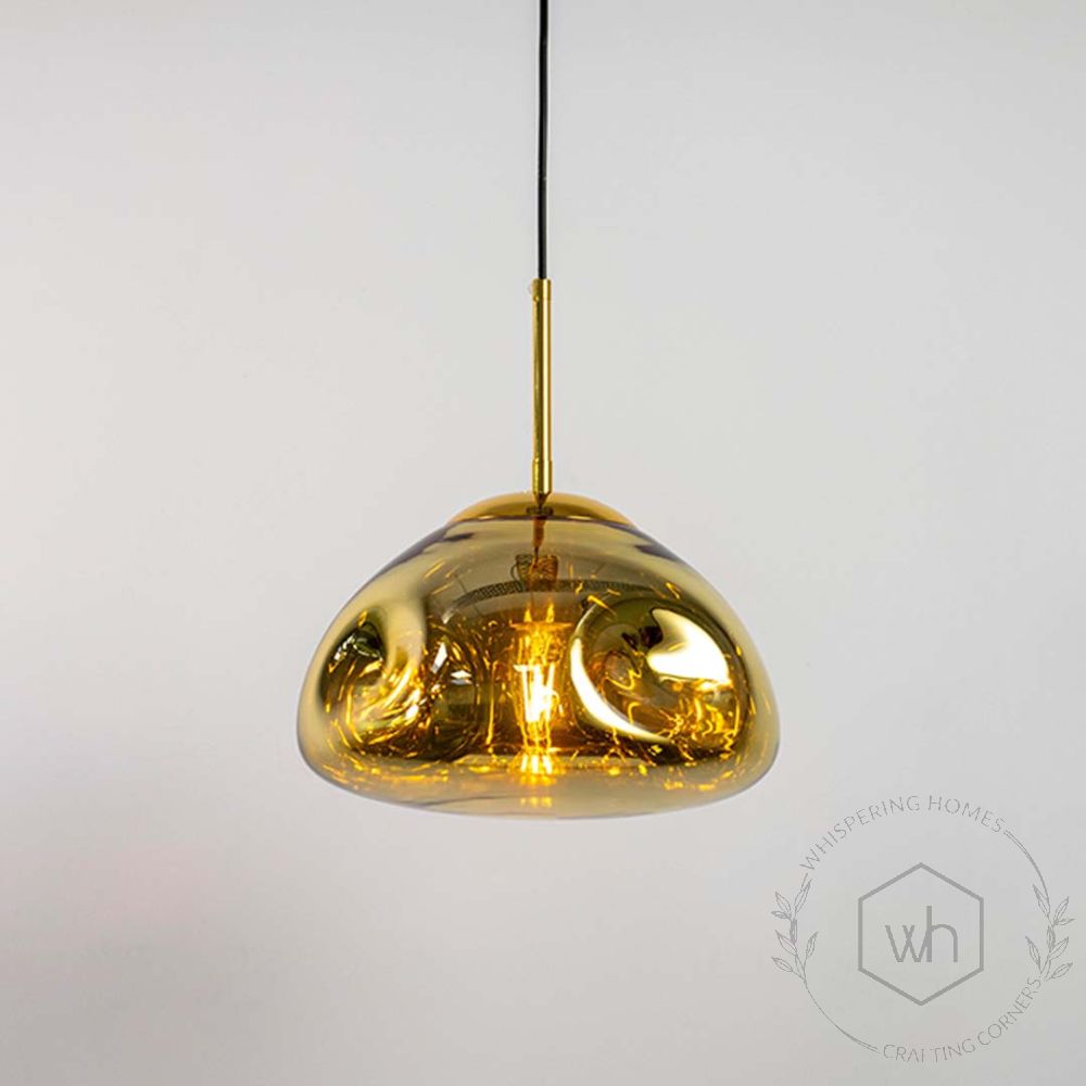 Modern Minimalist Glass Hanging Lamp - Metallic Yellow Light On White Background