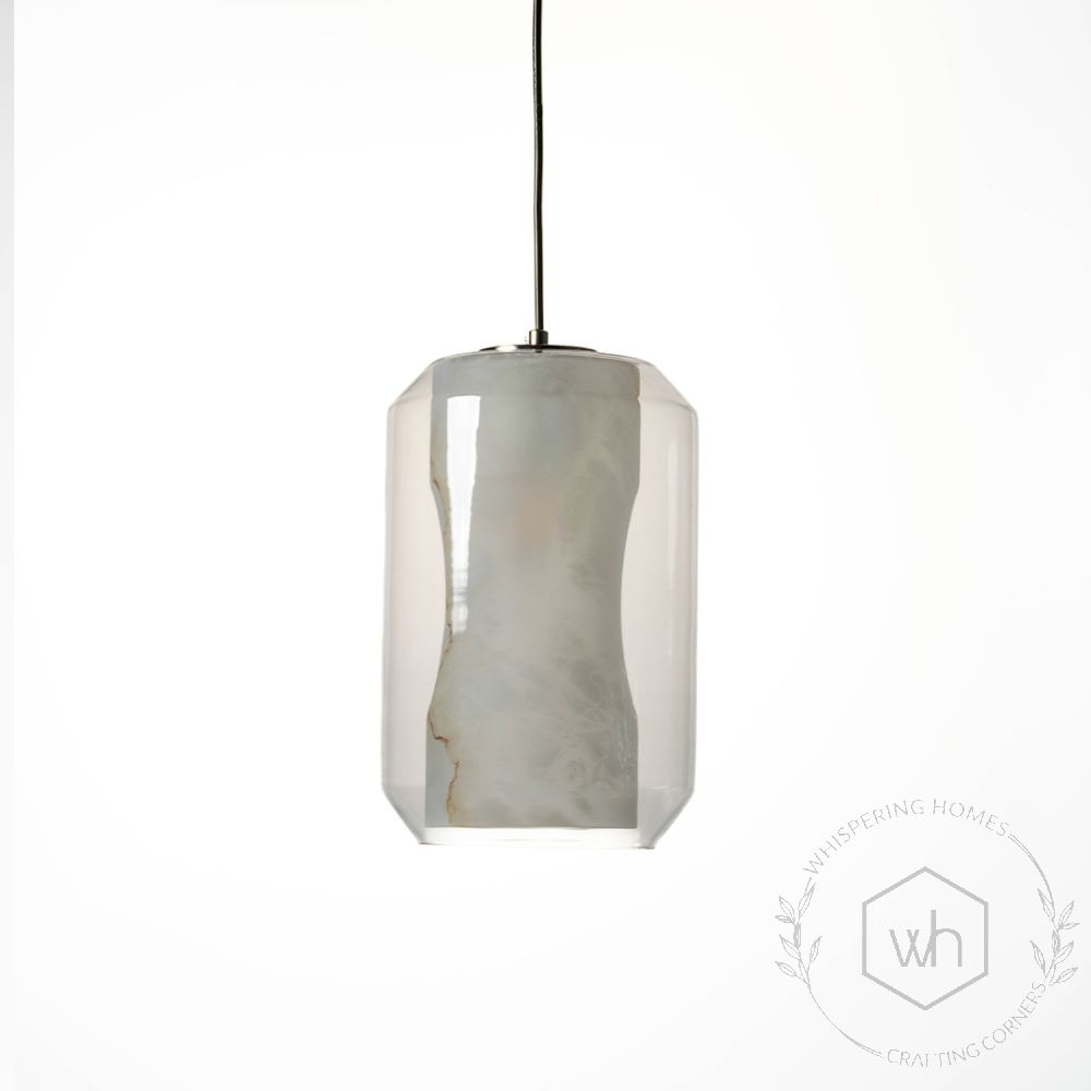 Marble Grain Glass Cylindrical Pendant Lamp Light Off White Background