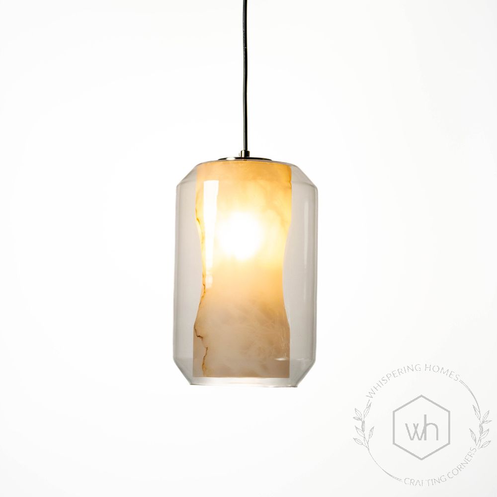 Marble Grain Glass Cylindrical Pendant Lamp Light On White Background