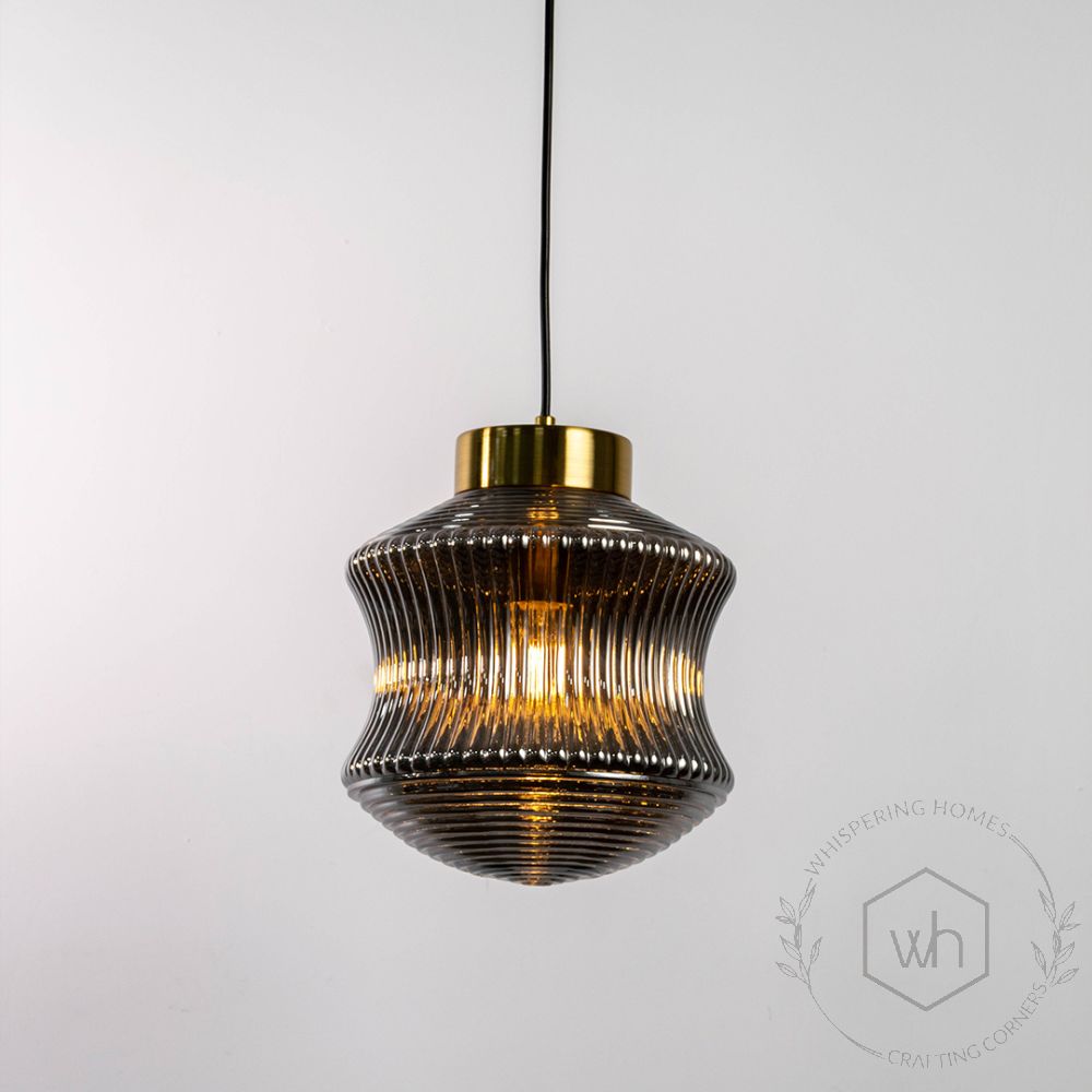 Halo Cylindrical Glass & Gold Metal Pendant Light Light On White Background