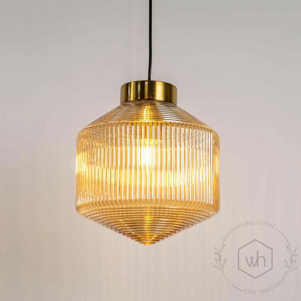 Nordic Style Ribbed Art Glass Pendant Lamp Light On White Background