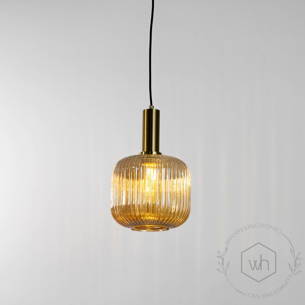 Nordic Style Ribbed Glass Pendant Light Light On White Background