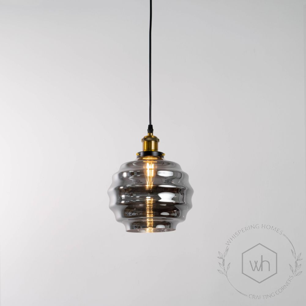 Grey Ribbed Glass Pendant Lamp Light On White Background