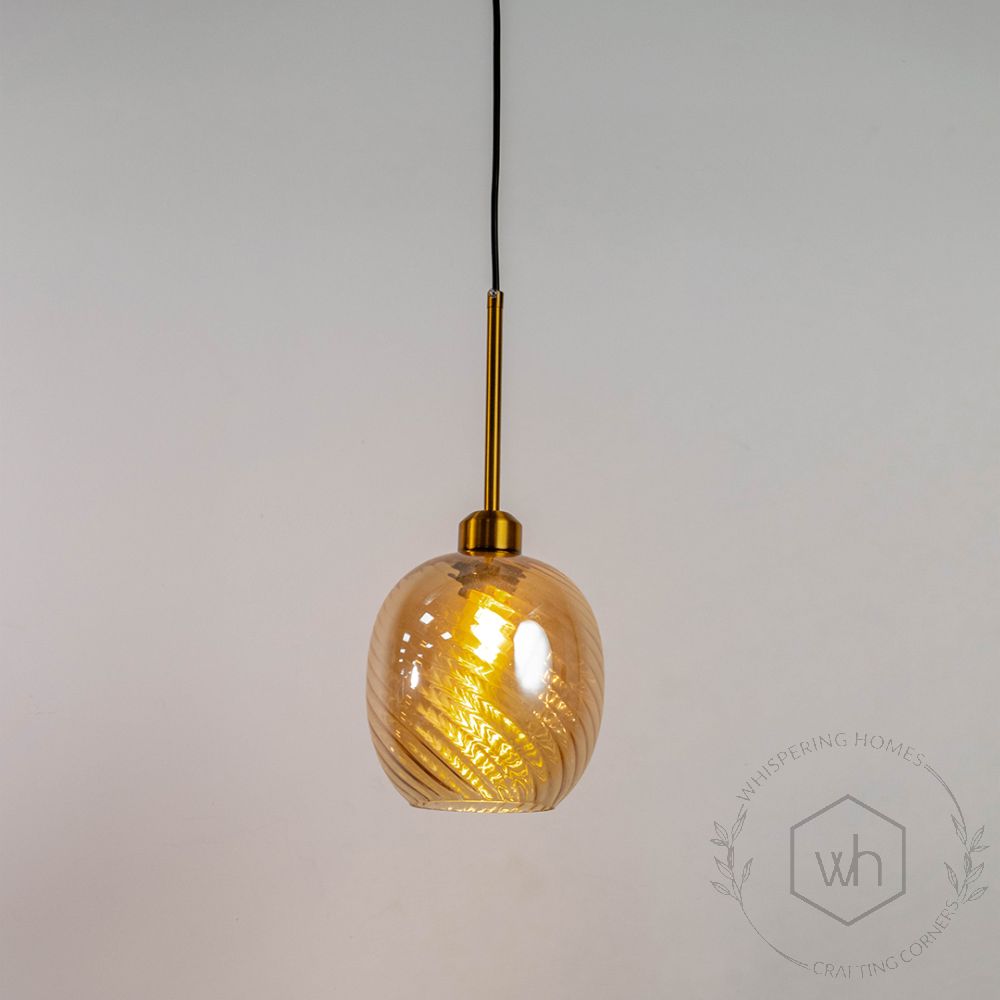 Glimmer Glow Gold Glass Hanging Pendant Lamp - Oval Shade Light On White Background