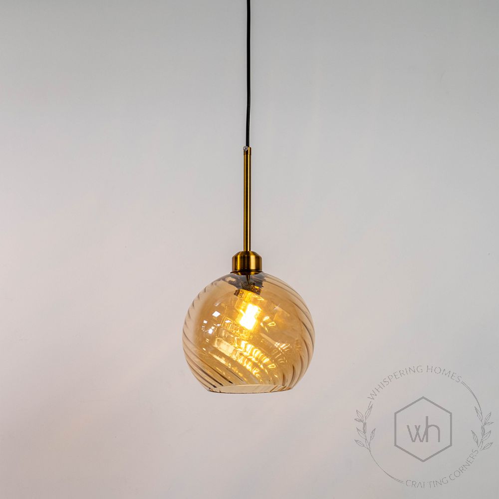 Glimmer Glow Gold Glass Hanging Pendant Lamp - Round Shade Light On White Background