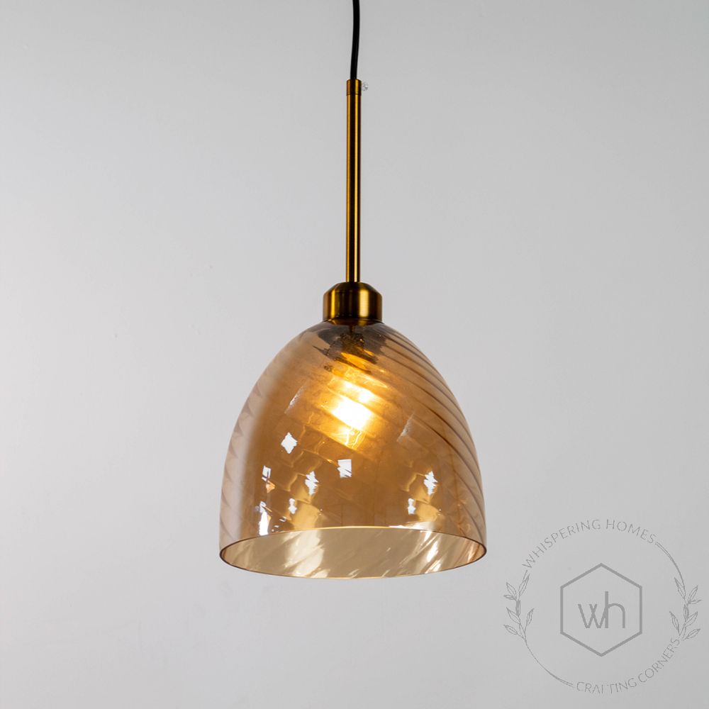 Glimmer Glow Gold Glass Hanging Pendant Lamp - Dome Shade Light On White Background